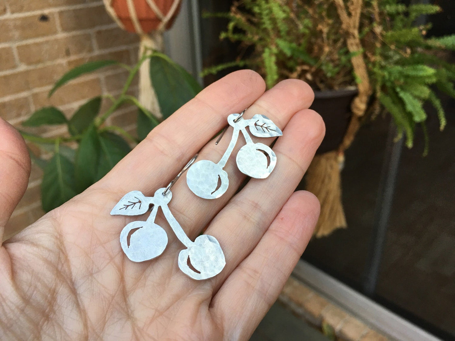 Handmade Metal Cherry Dangle Earrings: Fruit Jewelry