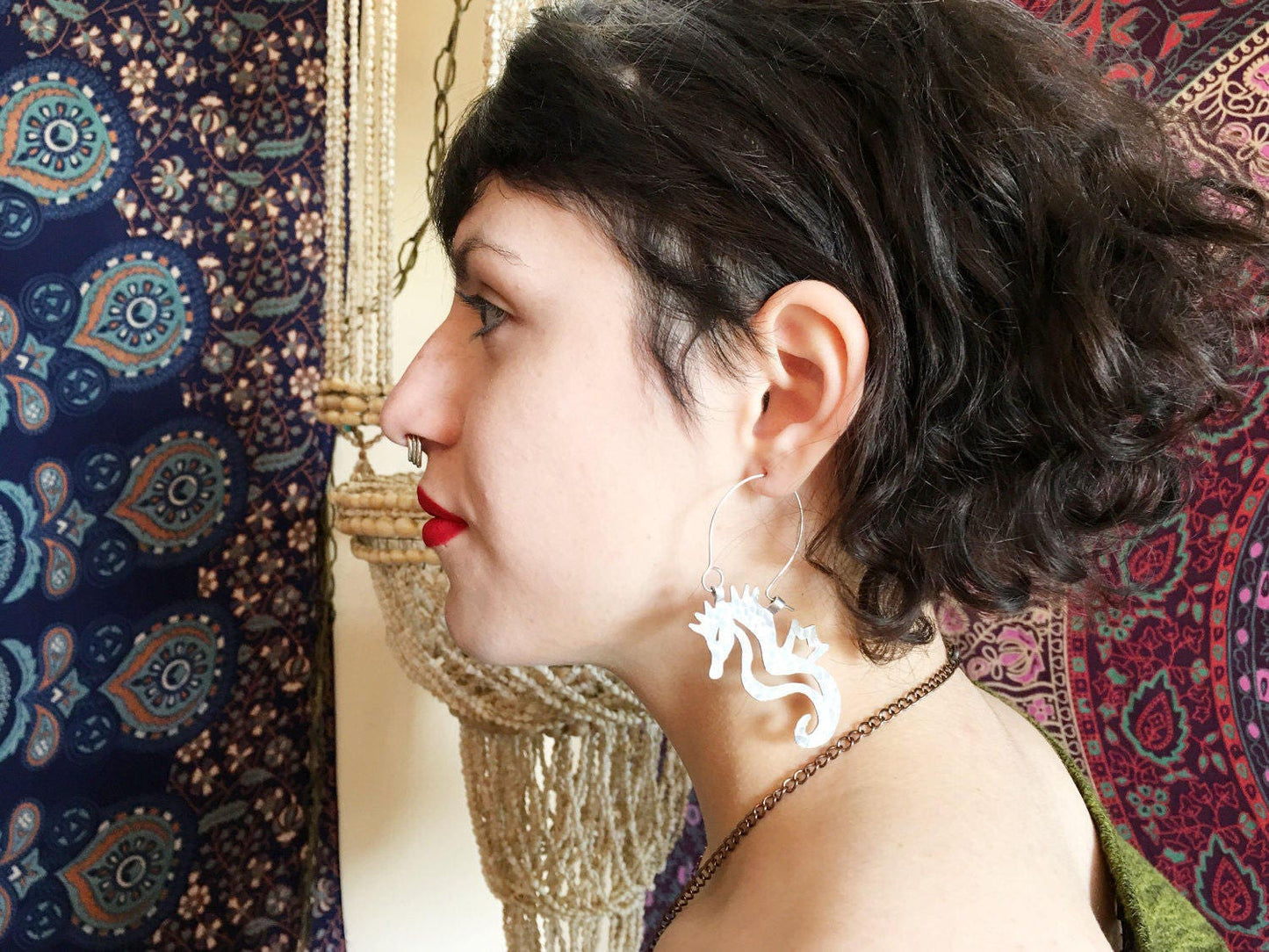 Seahorse earrings, metal seahorse hoop earrings, hammered aluminum  hoop earrings