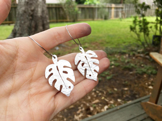 Handmade Monstera Leaf Earrings: Hammered Metal Foliage