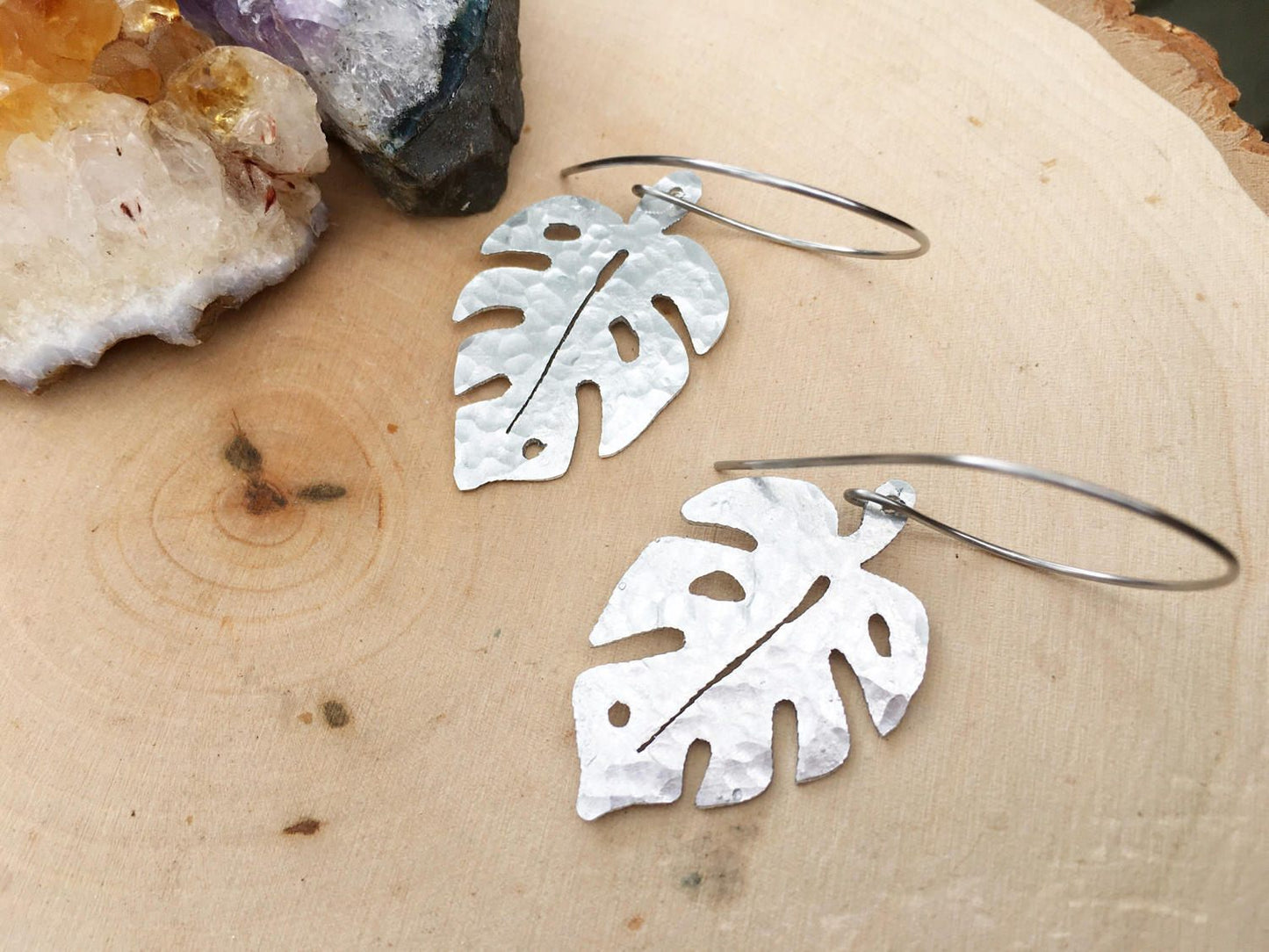 Handmade Monstera Leaf Earrings: Hammered Metal Foliage