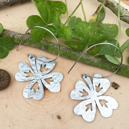 Handmade Four Leaf Clover Earrings: Hammered Metal Hoop Earrings
