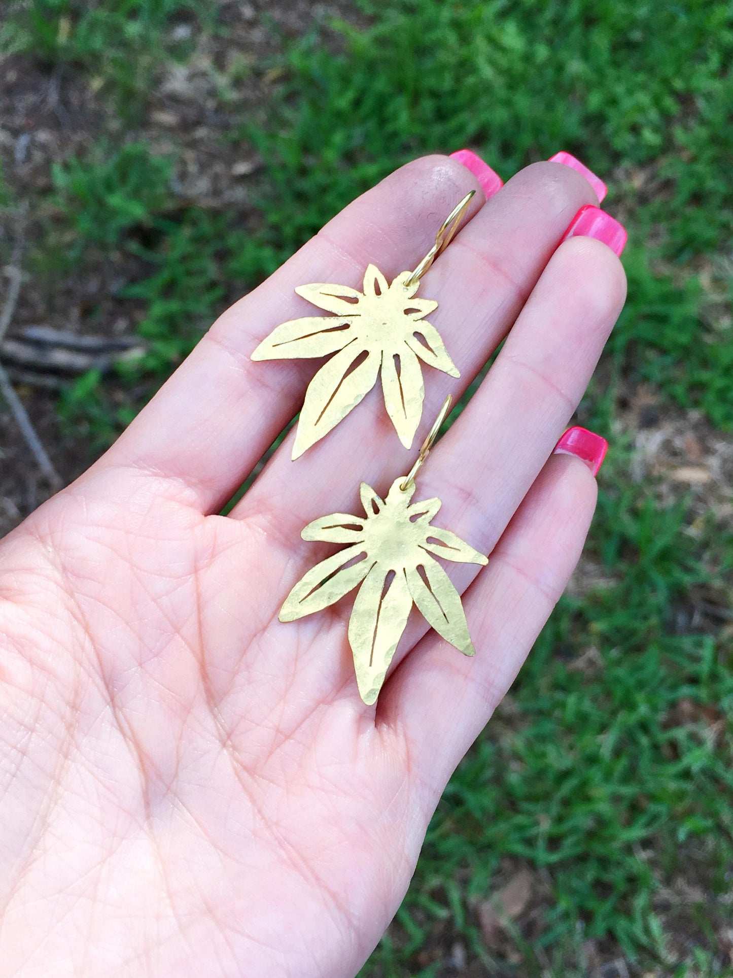cannabis leaf earrings, mini metal cannabis leaf earrings, greenery