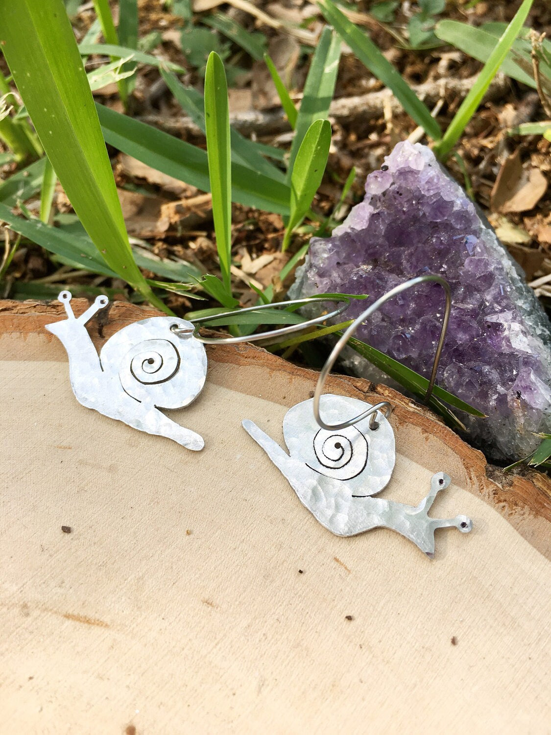 Handmade Aluminum Snail Earrings: Garden Jewelry