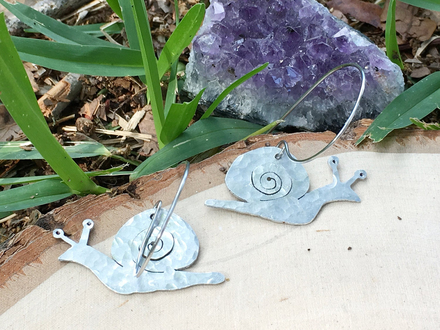 Handmade Aluminum Snail Earrings: Garden Jewelry