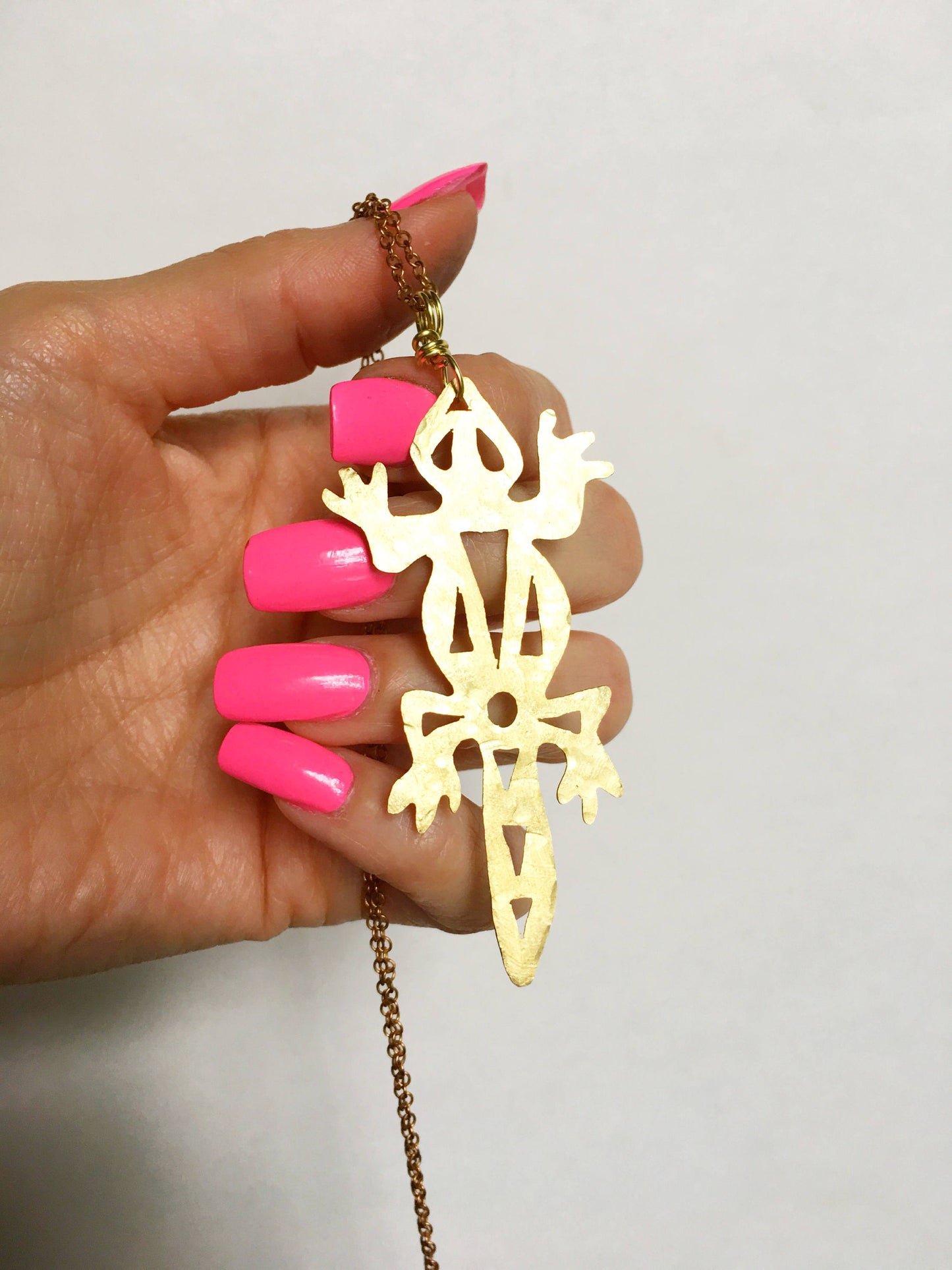 Handmade Brass Lizard Pendant Necklace: Tribal Long Length Jewelry