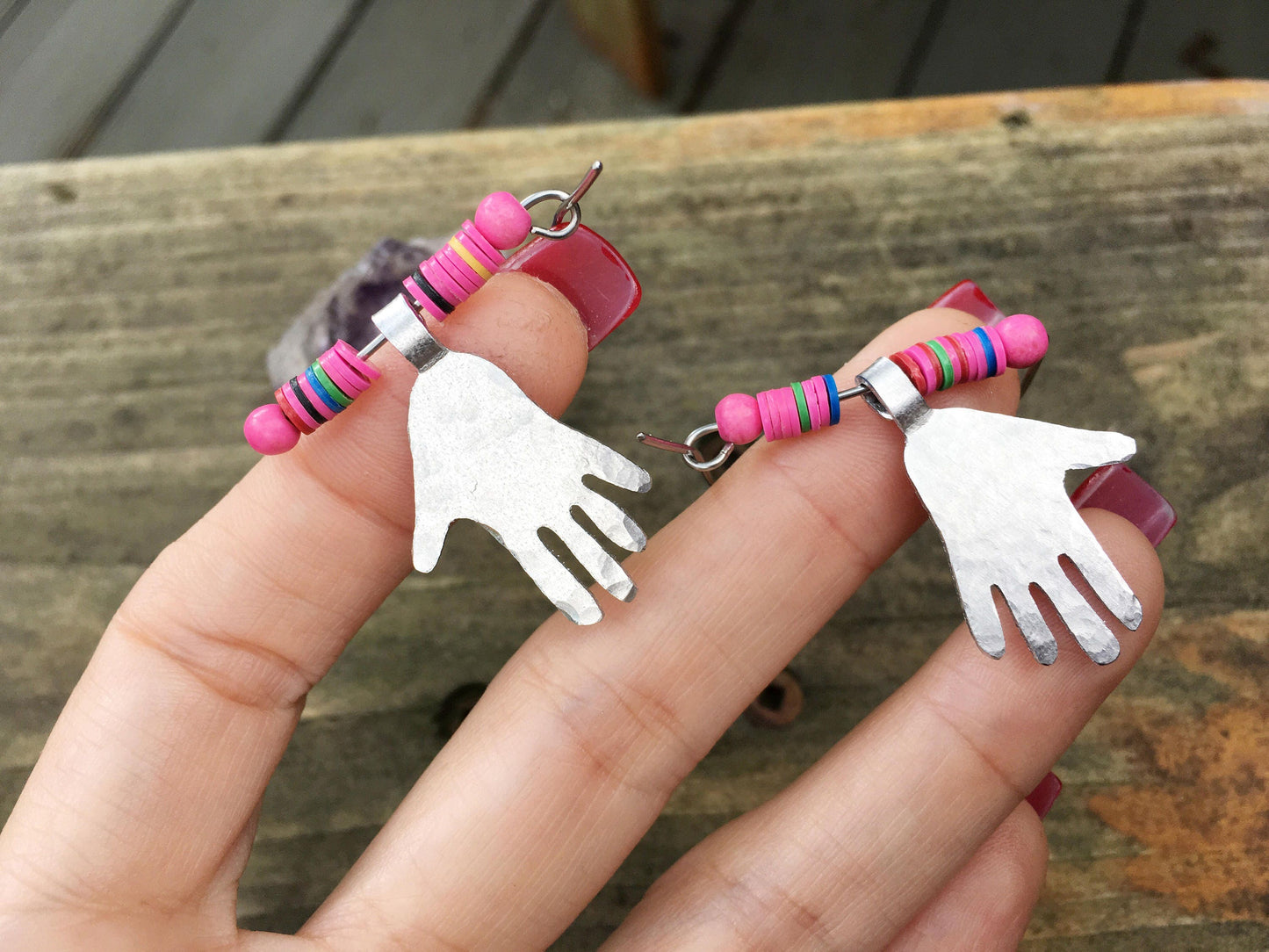 Modern hoop earrings with little hands, modern hoop earrings with pink vinyl beads