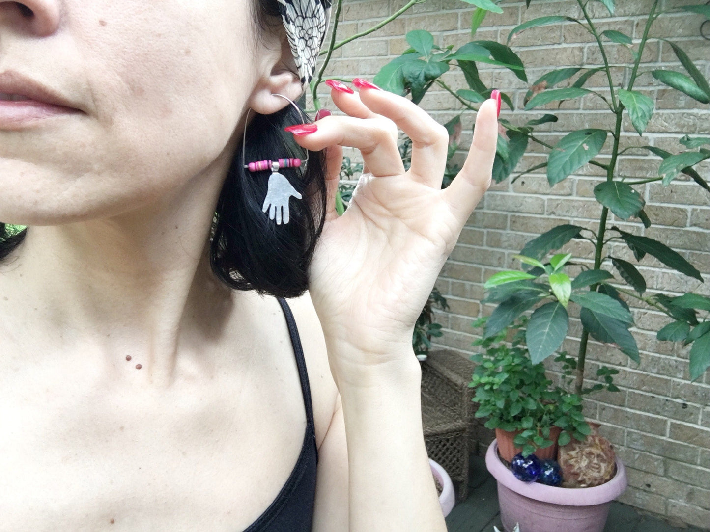 Modern hoop earrings with little hands, modern hoop earrings with pink vinyl beads