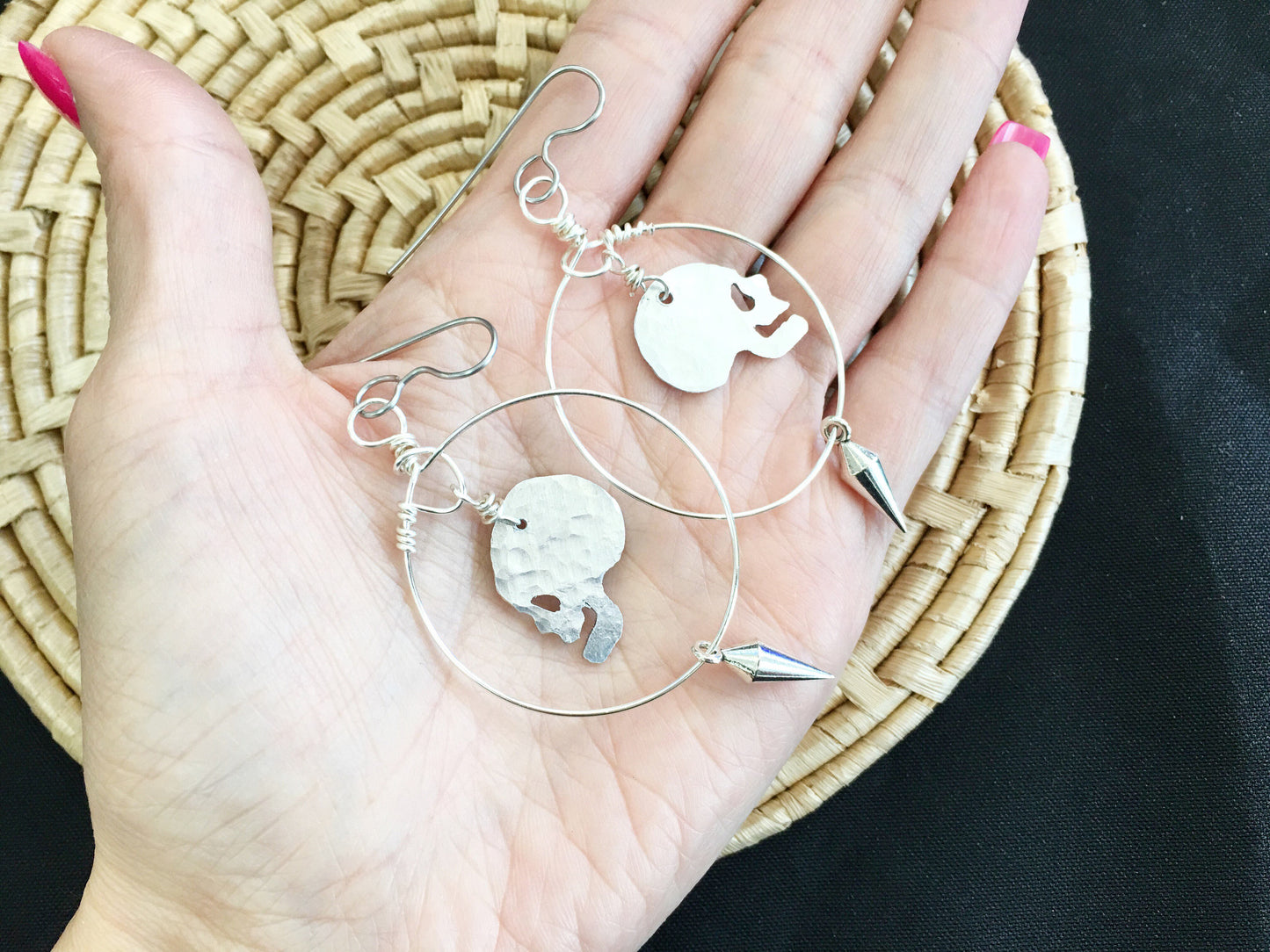 Skull Hoop Earrings: Pewter Spikes, Aluminum Cutout