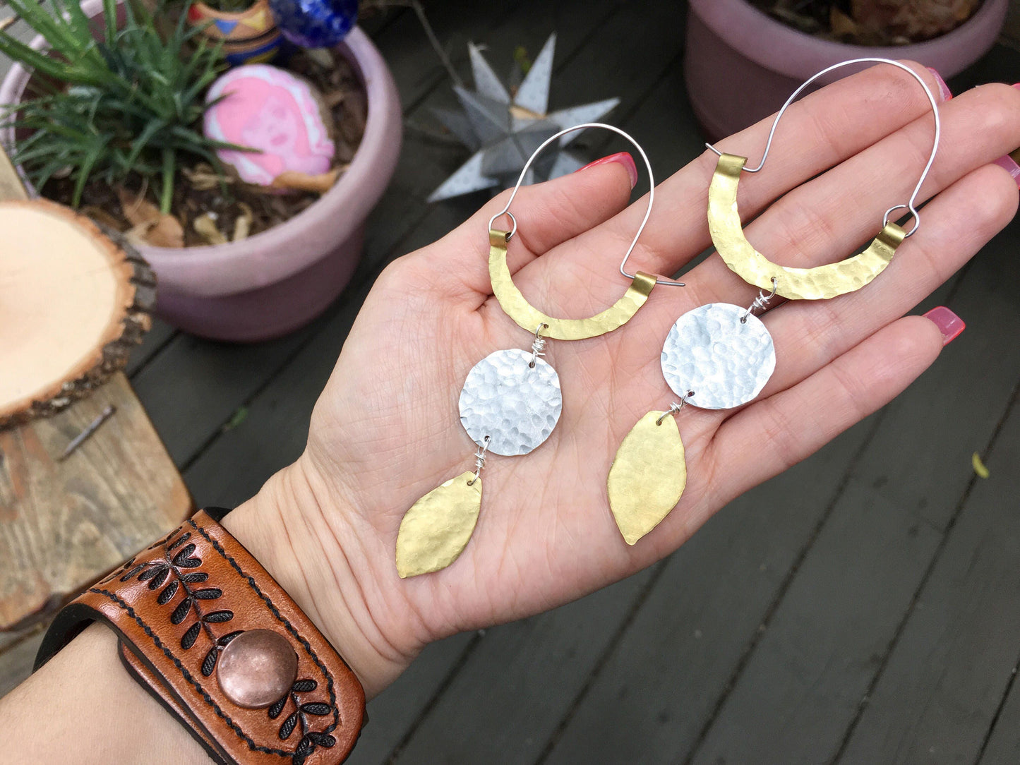 Rustic Two-Tone Geometric Hoop Earrings: Mixed Metal Dangles