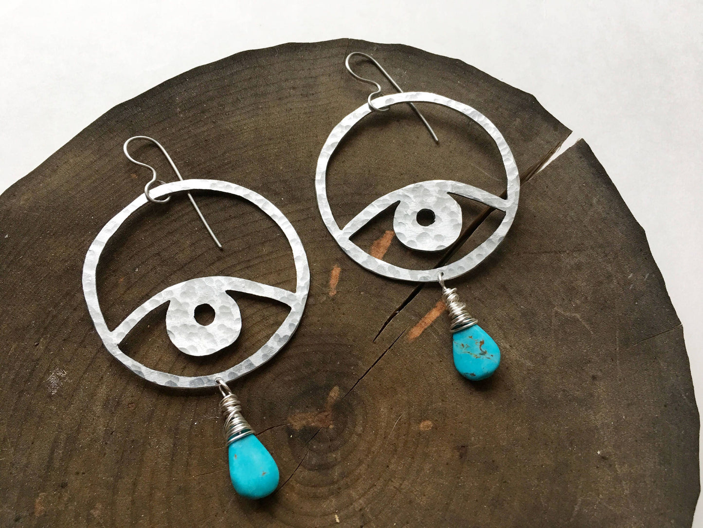 Handmade Aluminum Eye Earrings with Turquoise Drop