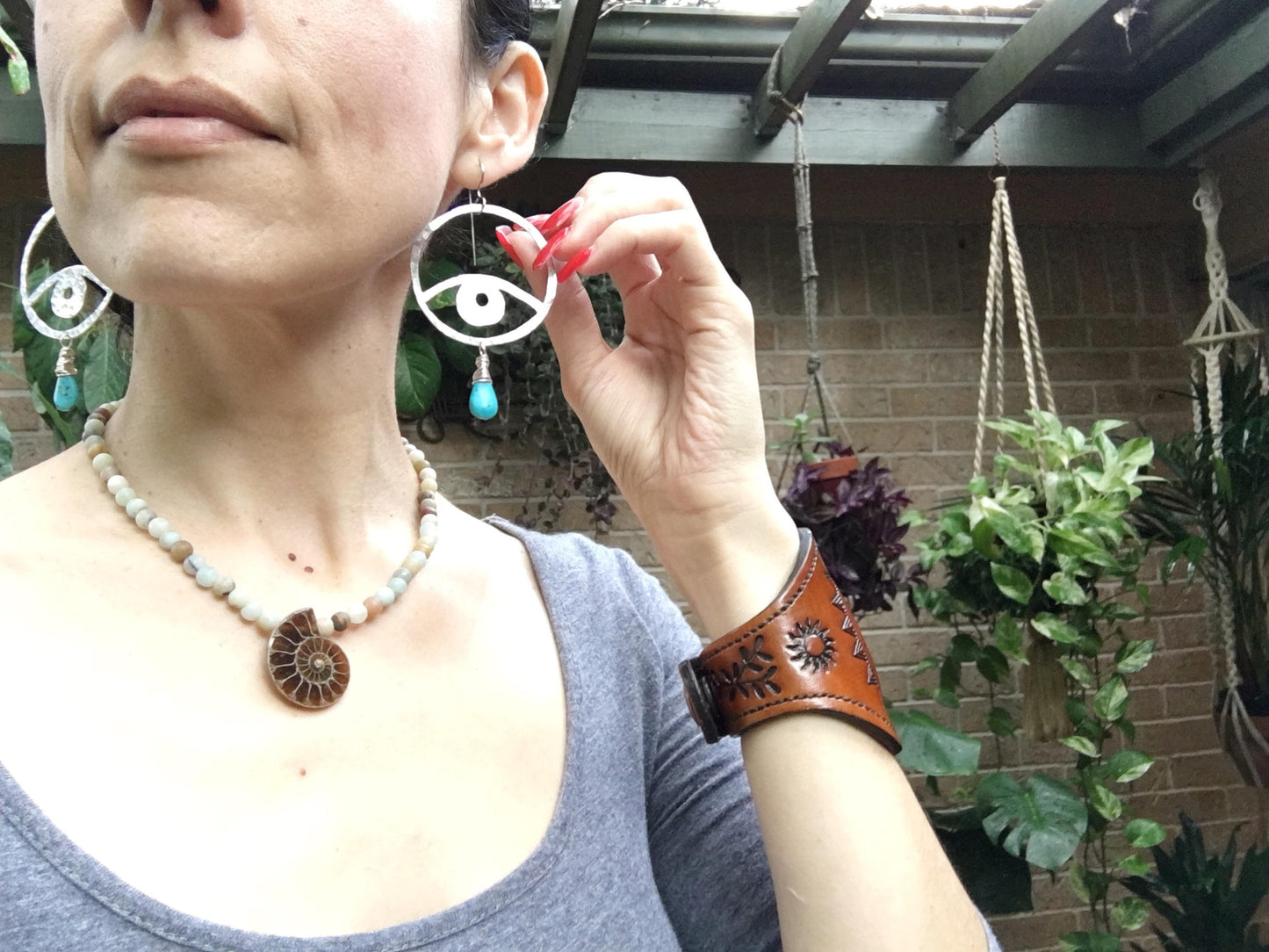 Handmade Aluminum Eye Earrings with Turquoise Drop
