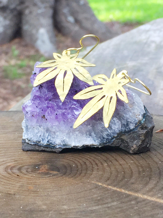 cannabis leaf earrings, mini metal cannabis leaf earrings, greenery