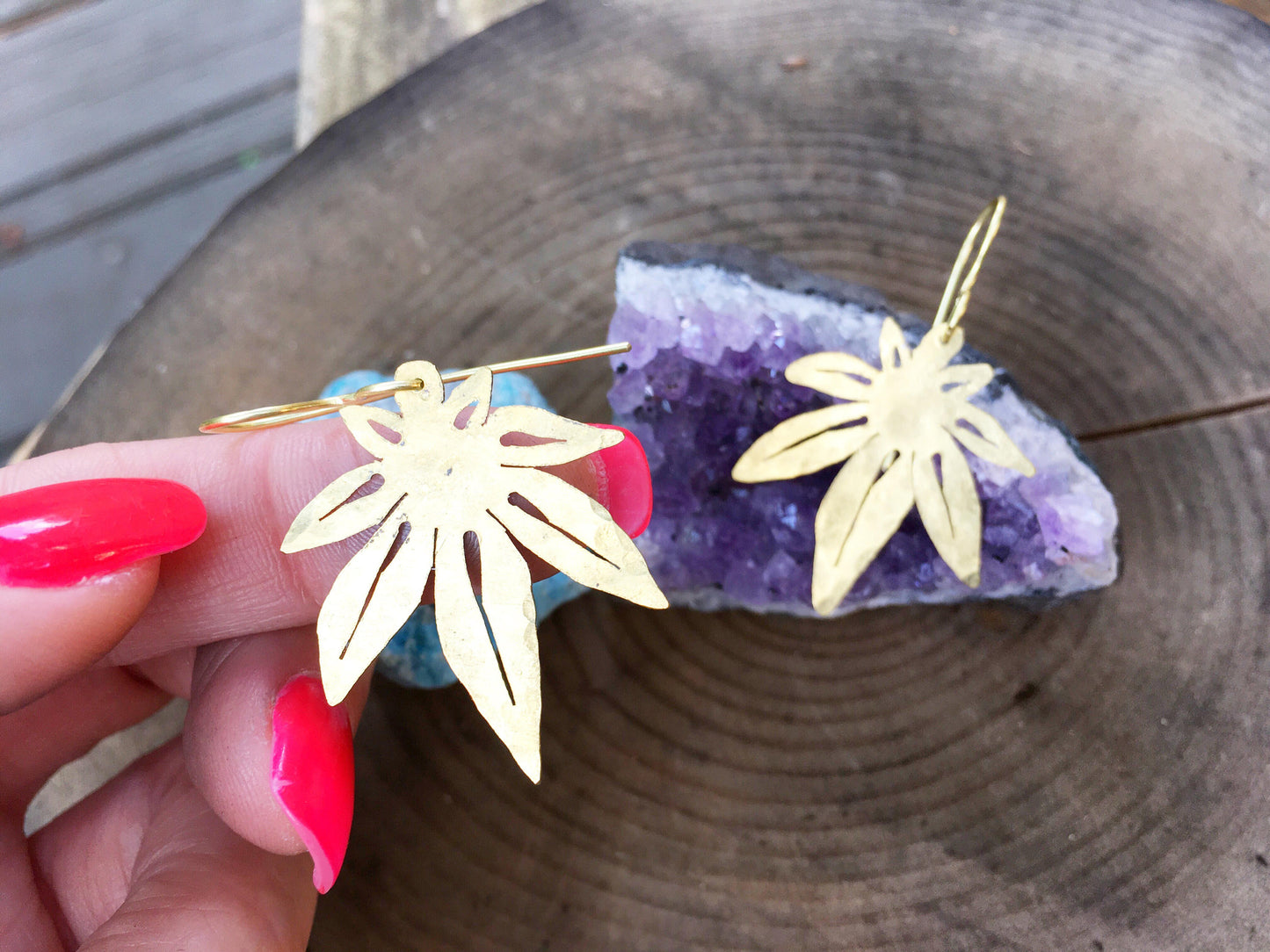 cannabis leaf earrings, mini metal cannabis leaf earrings, greenery