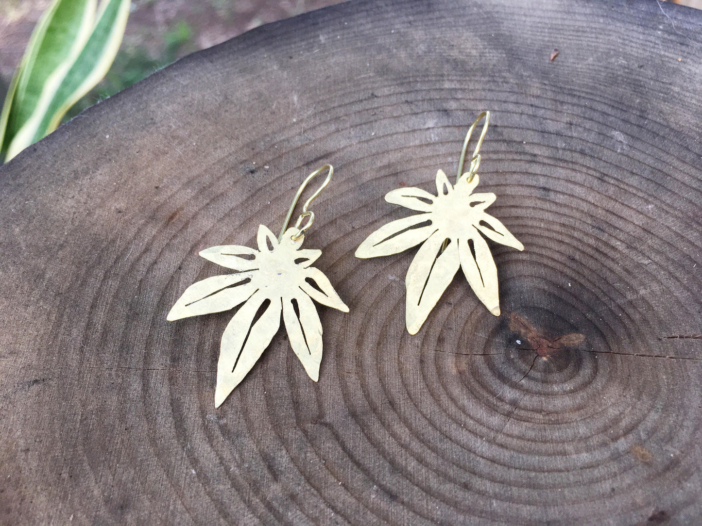 cannabis leaf earrings, mini metal cannabis leaf earrings, greenery