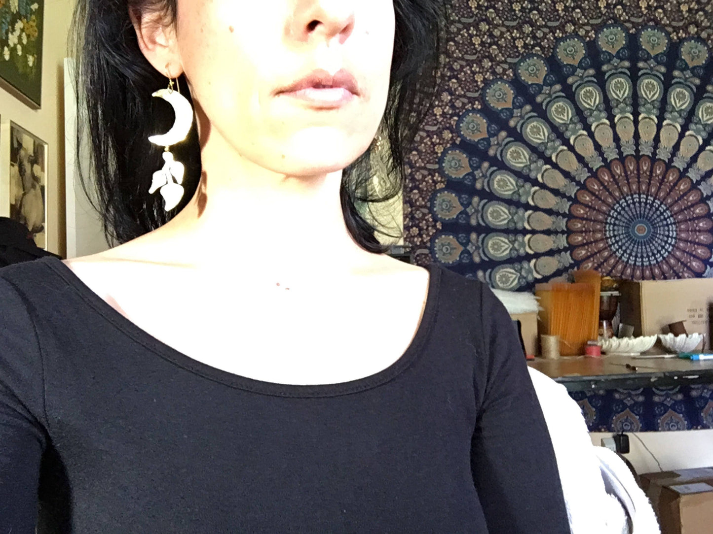 Handmade Crescent Moon Earrings: Hammered Brass Lunar Plant Jewelry