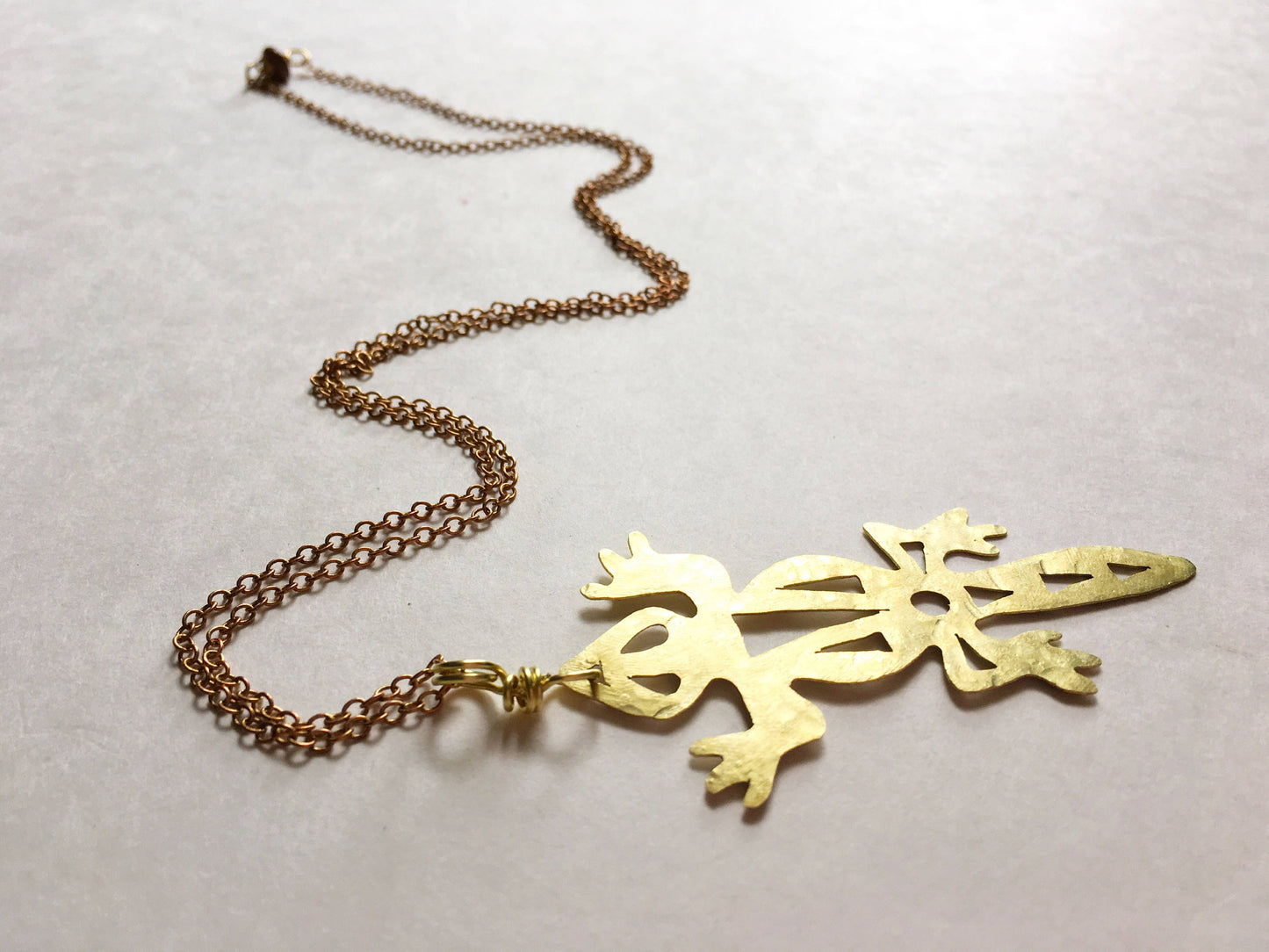 Handmade Brass Lizard Pendant Necklace: Tribal Long Length Jewelry