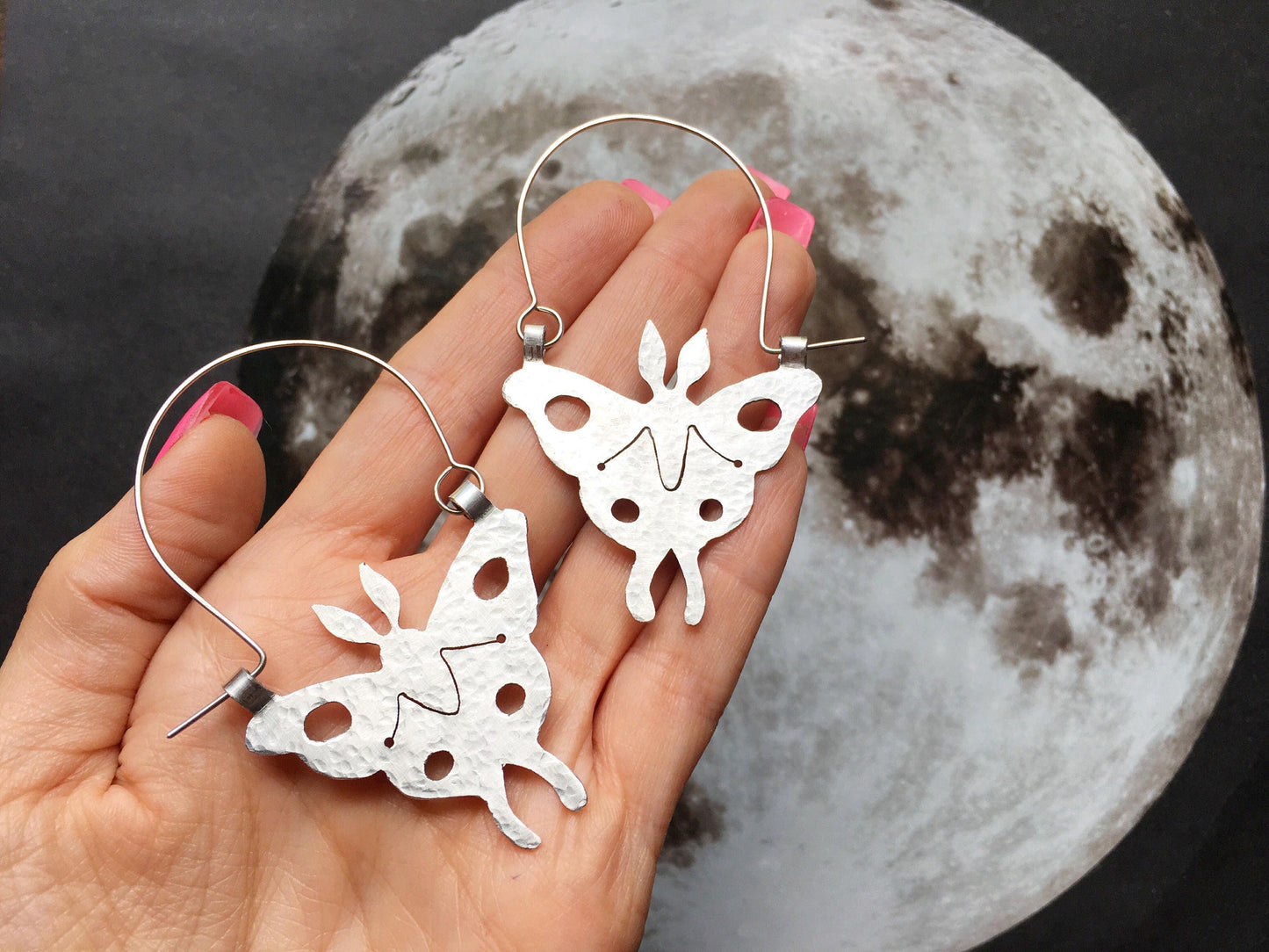 Handmade Luna Moth Hoop Earrings: Stainless Steel Insect Jewelry
