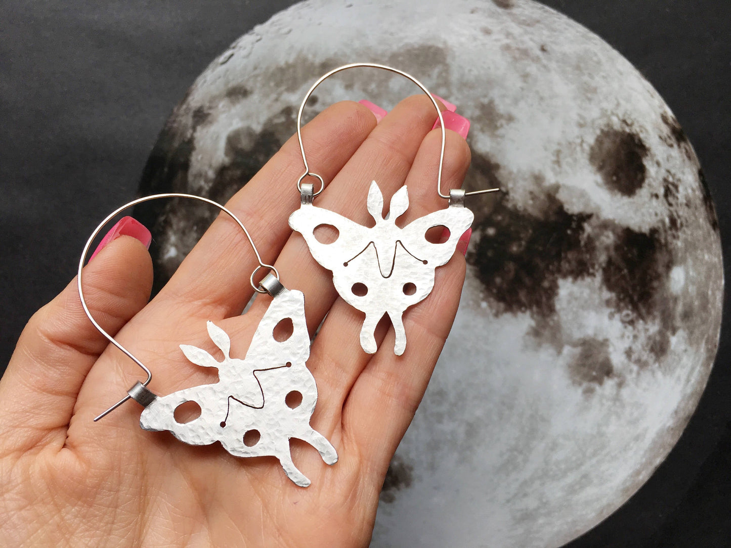 Handmade Luna Moth Hoop Earrings: Stainless Steel Insect Jewelry