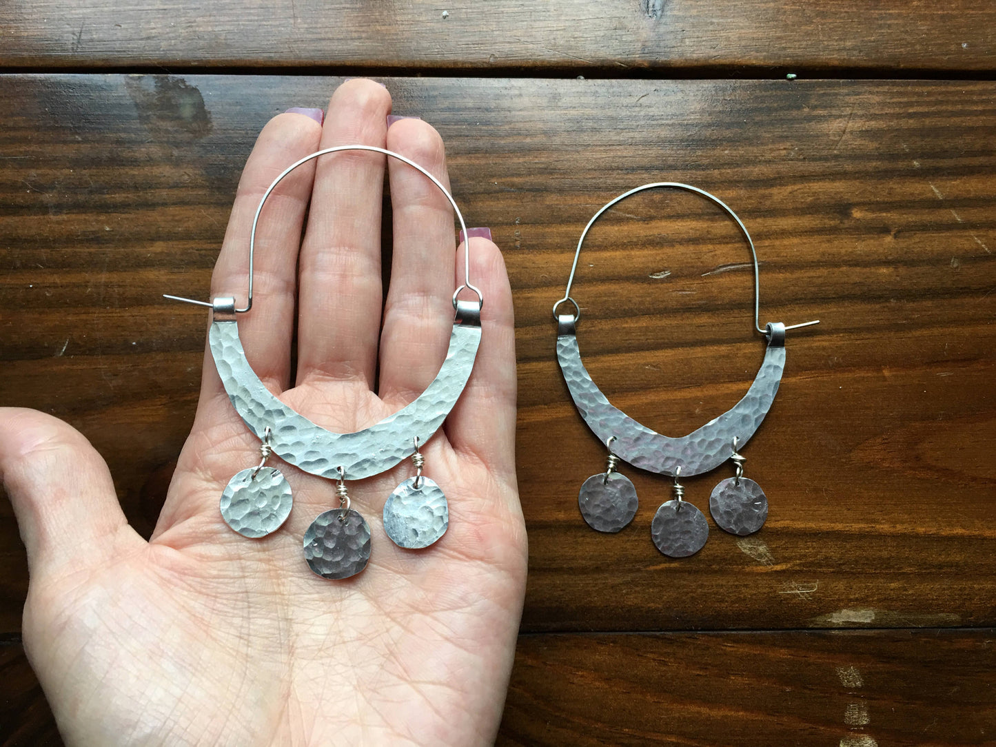 Rustic Hammered Coin Hoop Earrings: Handmade Metal Dangles
