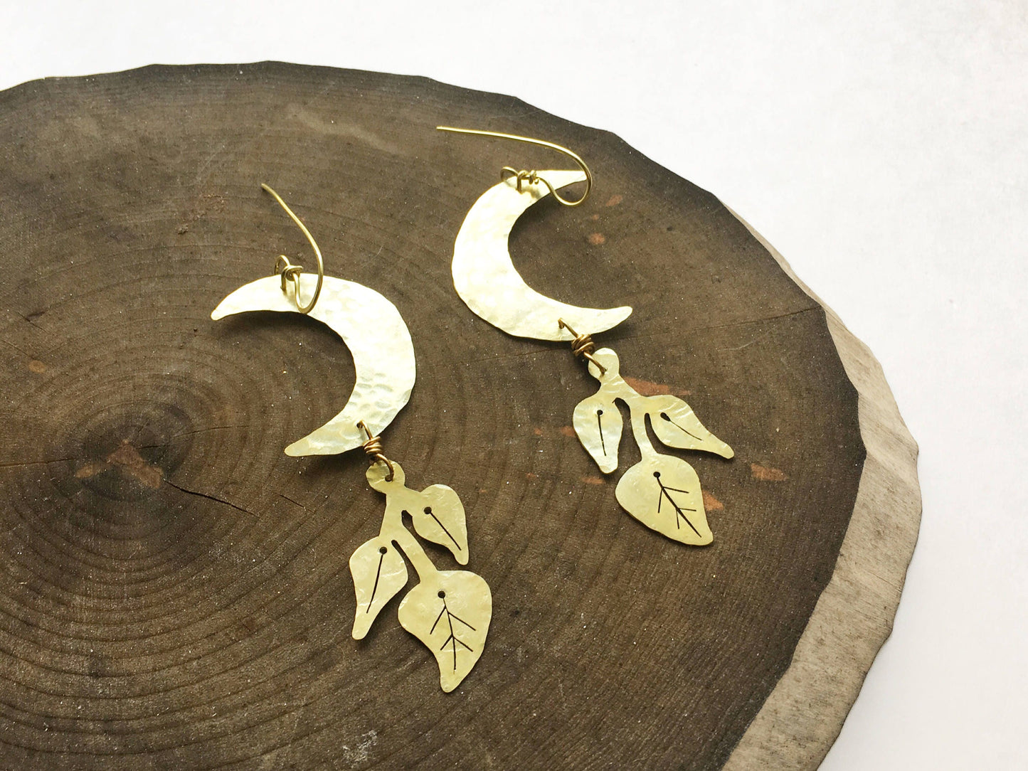 Handmade Crescent Moon Earrings: Hammered Brass Lunar Plant Jewelry
