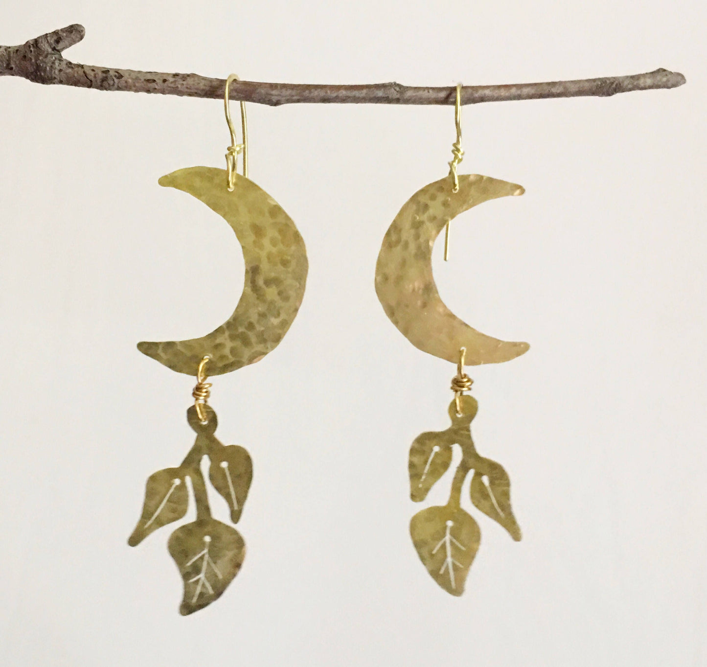 Handmade Crescent Moon Earrings: Hammered Brass Lunar Plant Jewelry