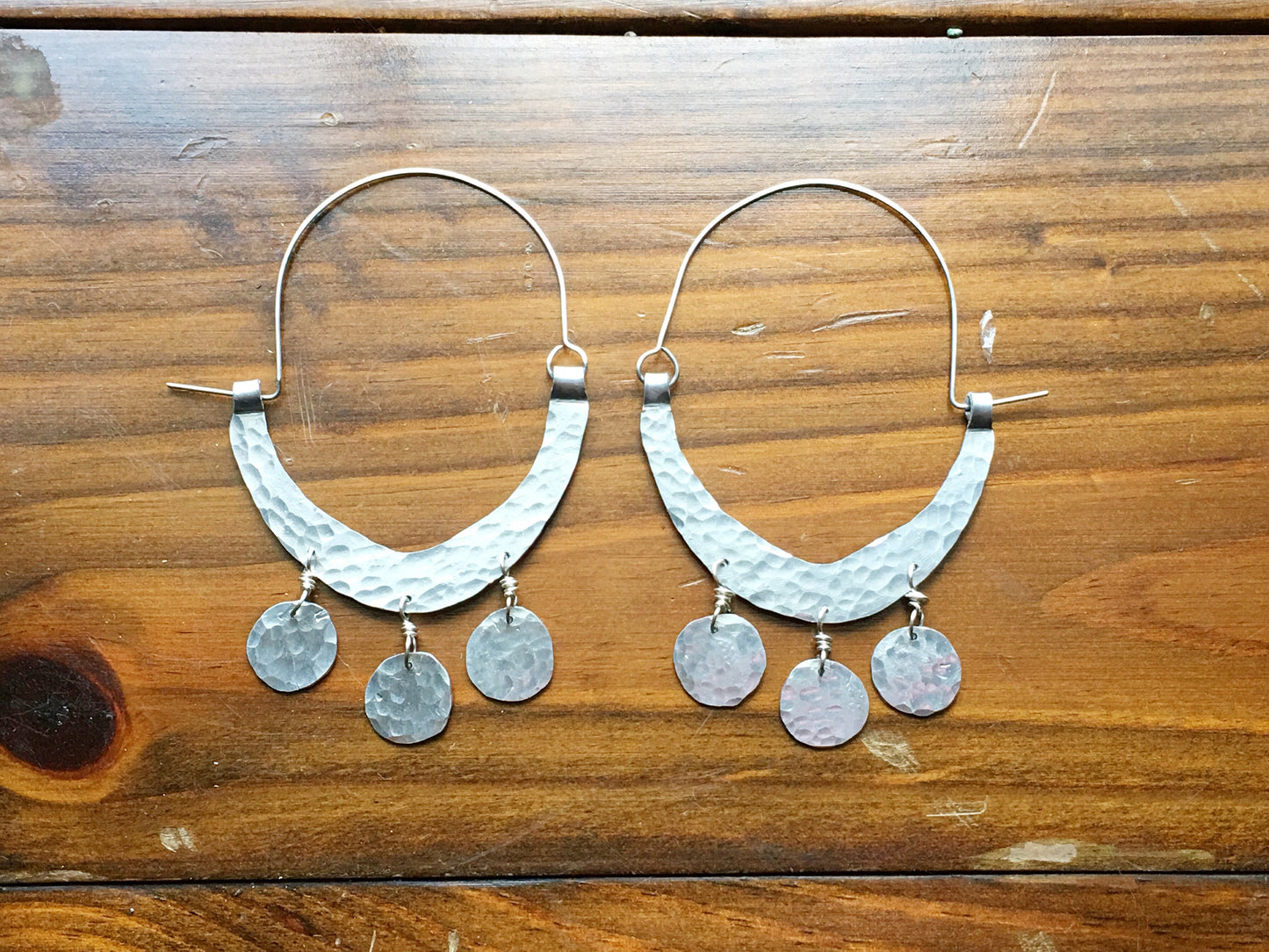 Rustic Hammered Coin Hoop Earrings: Handmade Metal Dangles