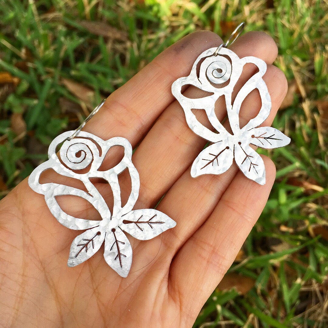 Metal Rose Earrings: Hand Cut Folk Art Jewelry