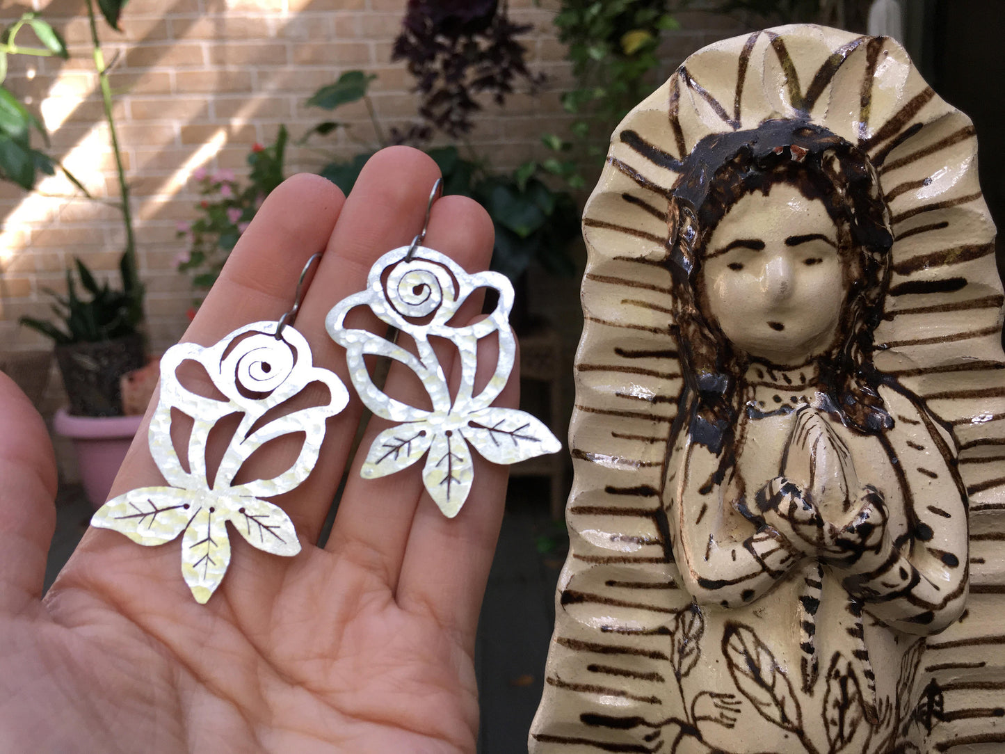 Metal Rose Earrings: Hand Cut Folk Art Jewelry