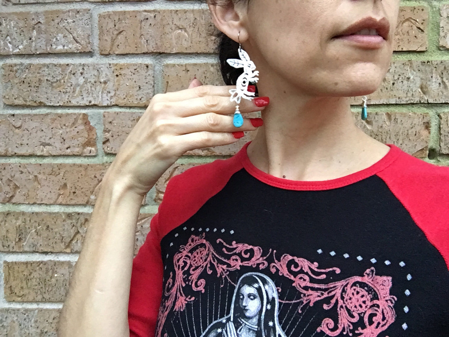 Otomi Rabbit Earrings: Handmade Aluminum Lunar Jewelry, Turquoise Accent