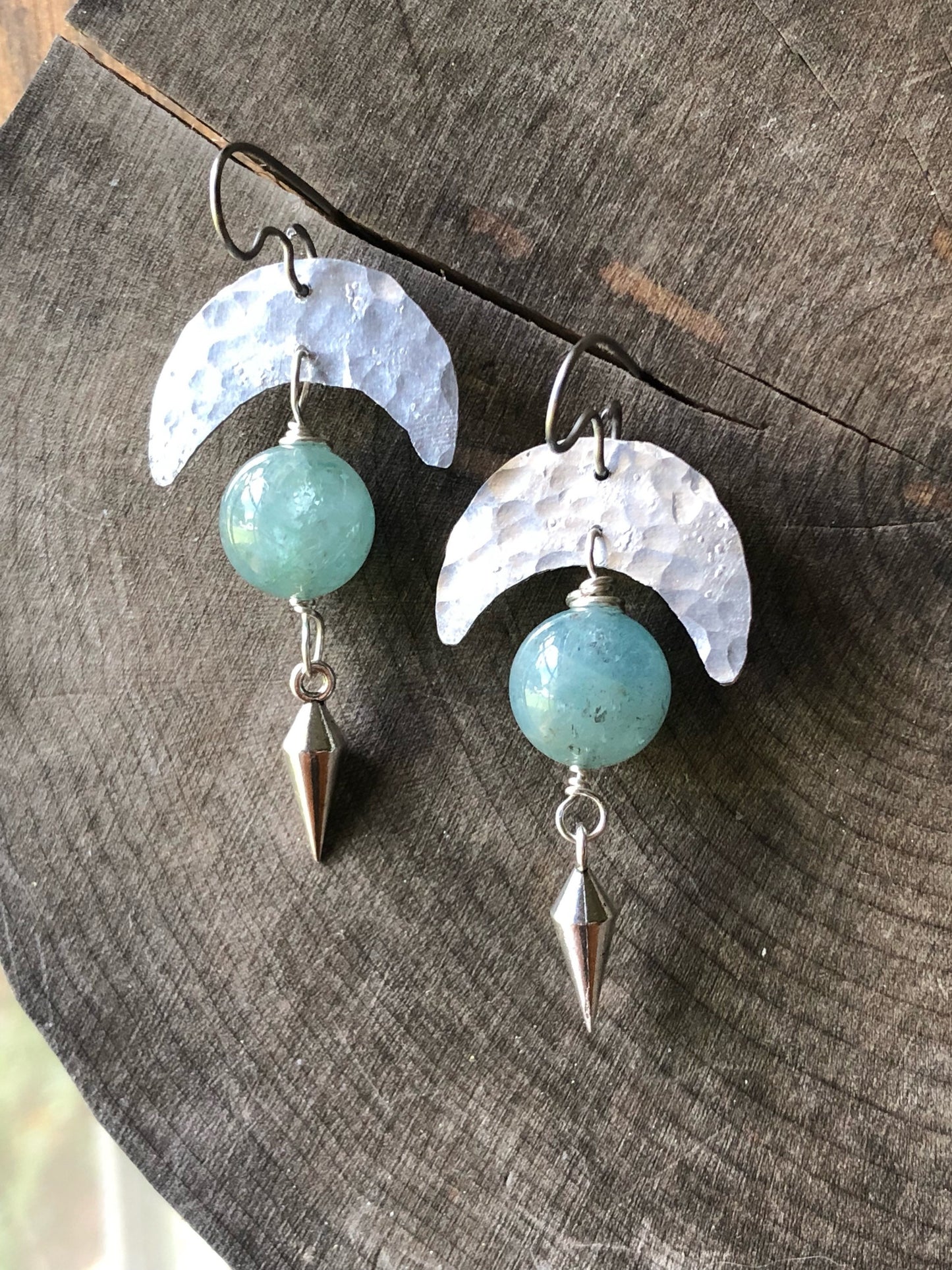 Handmade Crescent Moon Aquamarine Earrings: Aluminum & Stainless Steel