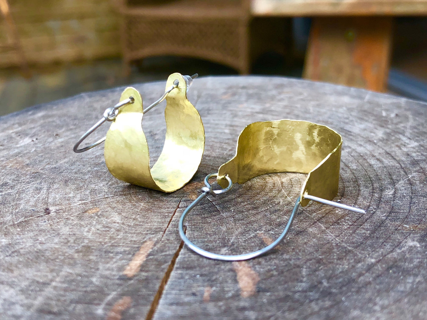 Rustic Metal Mini Scoop Hoop Earrings: Handmade Hammered Brass