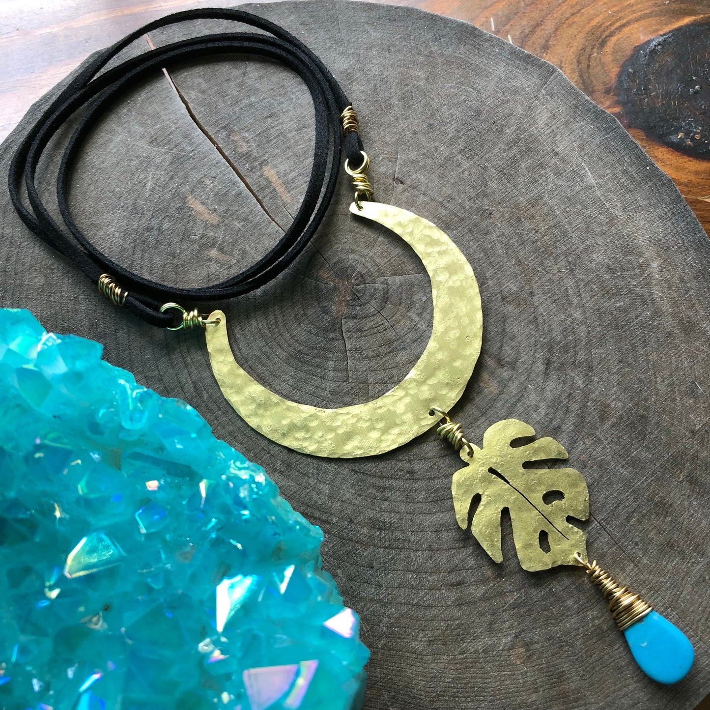 Crescent Moon & Monstera Leaf Necklace: Handmade Celestial Garden Jewelry