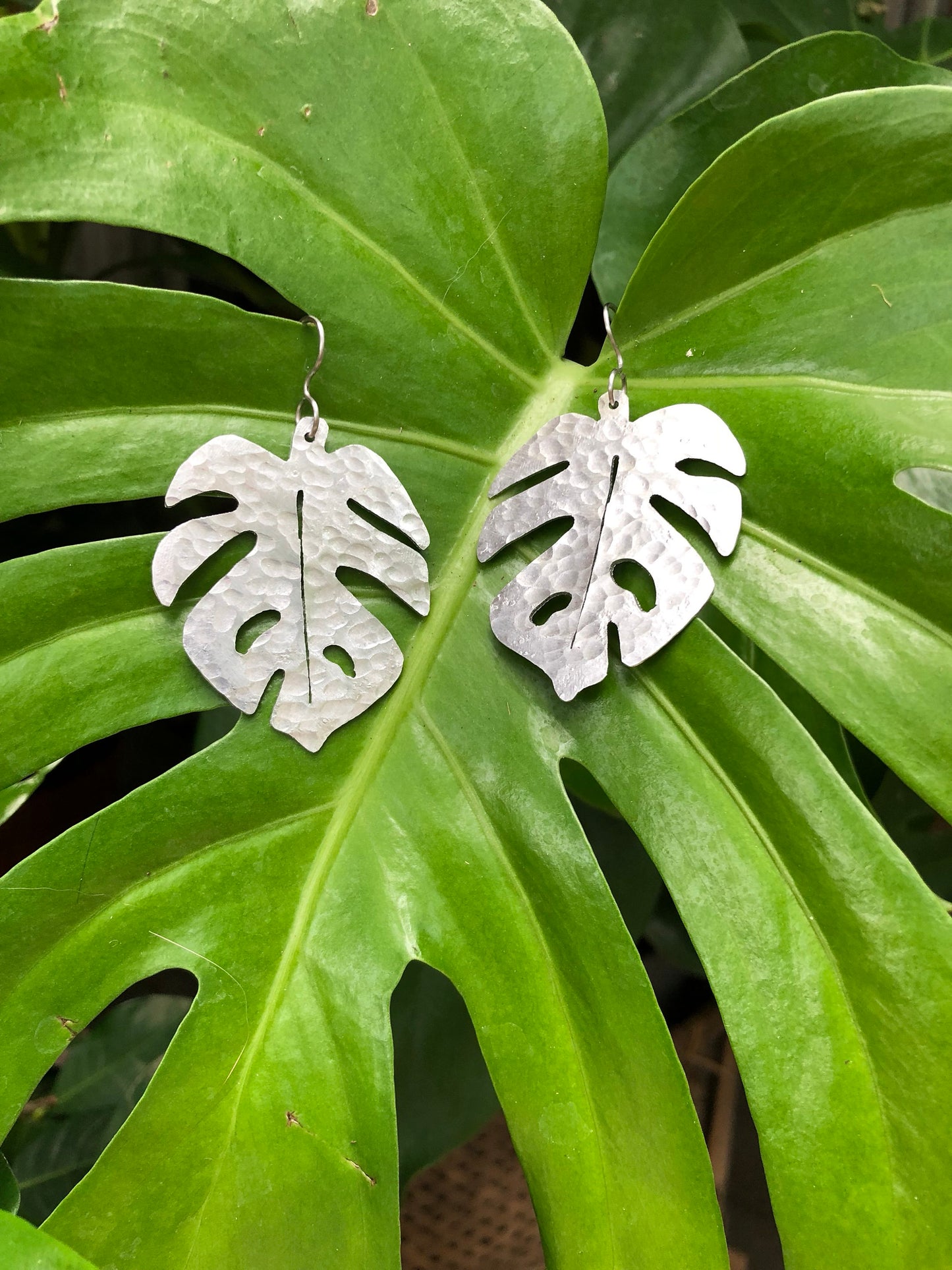 Handmade Monstera Leaf Dangle Earrings: Aluminum Tropical Jewelry