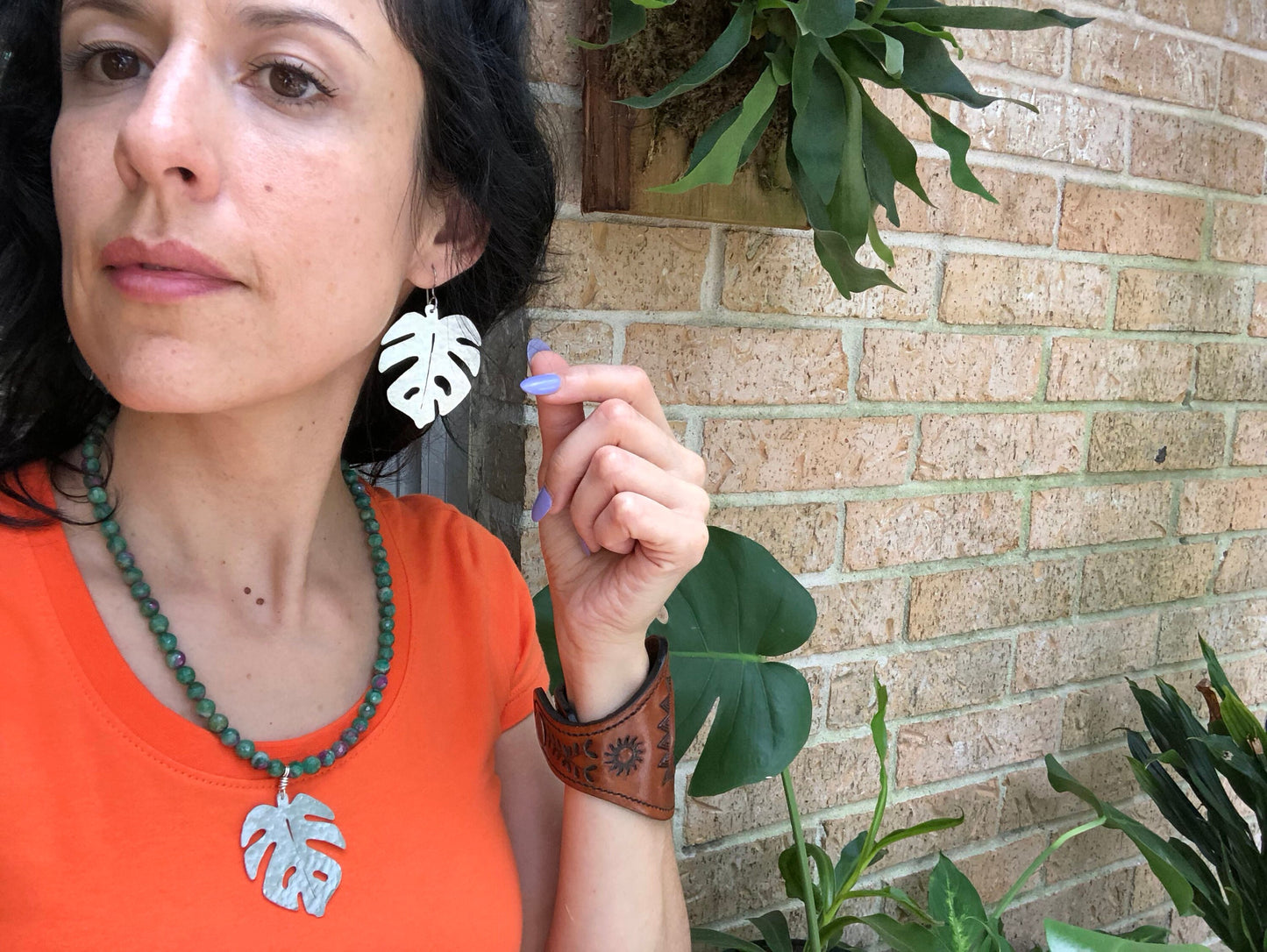 Handmade Monstera Leaf Dangle Earrings: Aluminum Tropical Jewelry