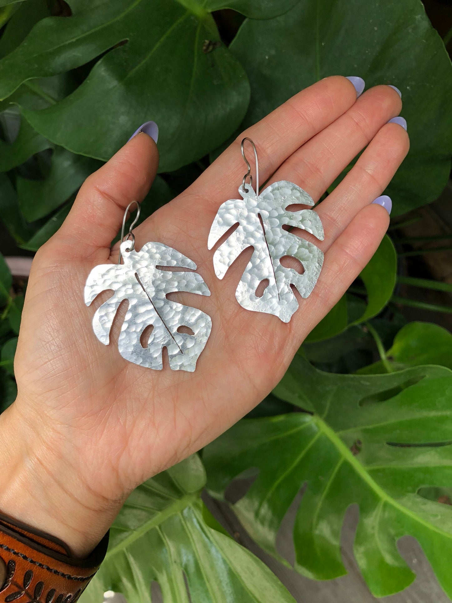 Handmade Monstera Leaf Dangle Earrings: Aluminum Tropical Jewelry
