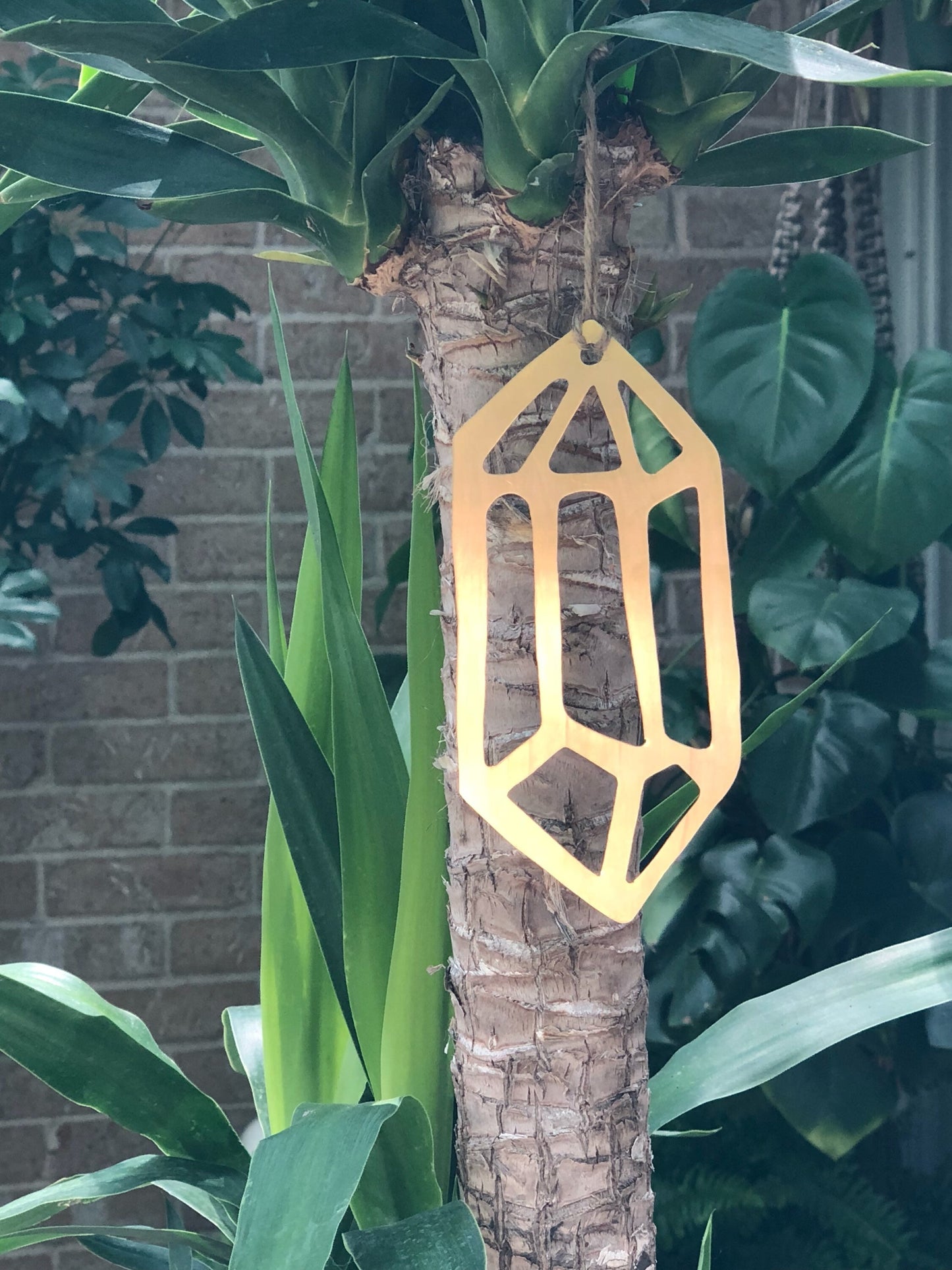 Brass Crystal Cutout Ornament: Geometric Metal Plant Decor