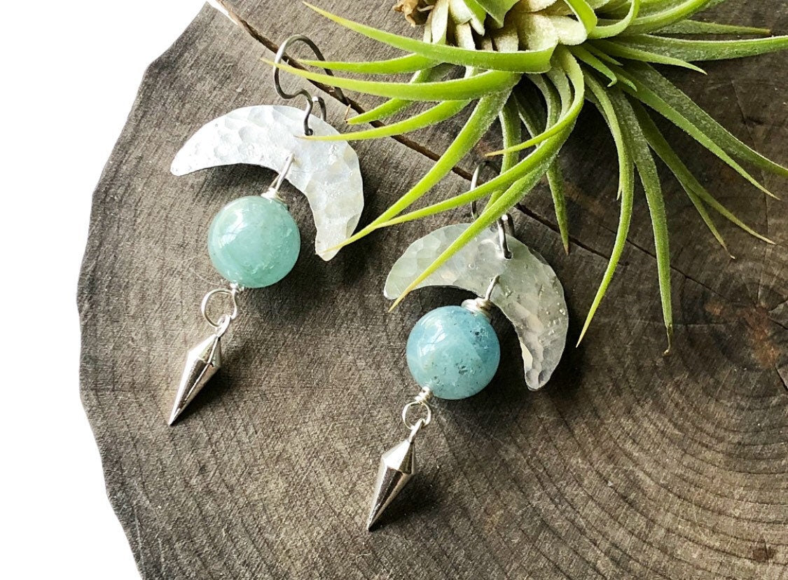 Handmade Crescent Moon Aquamarine Earrings: Aluminum & Stainless Steel