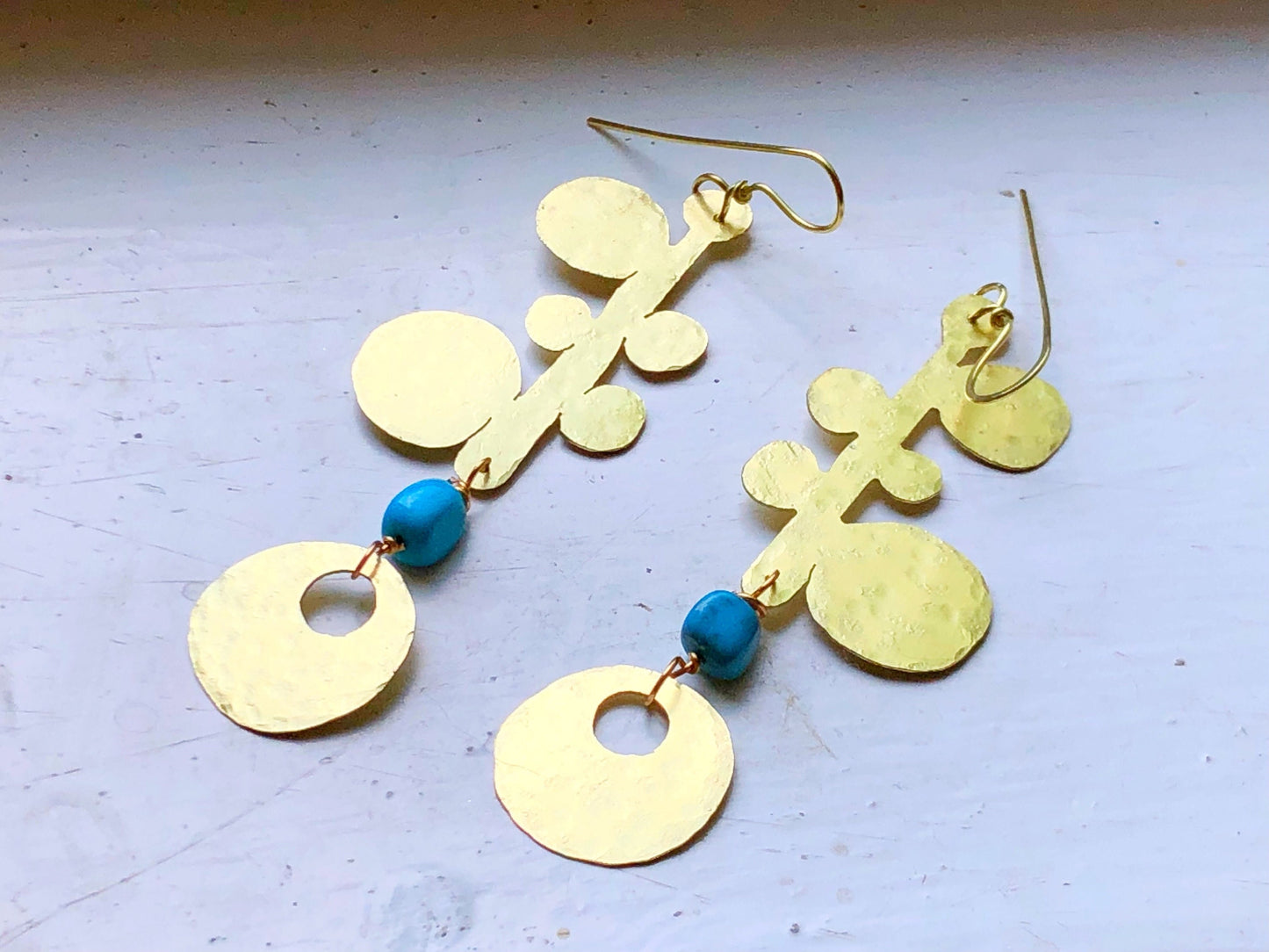 Handmade Turquoise Brass Earrings: Long Dangle Earrings