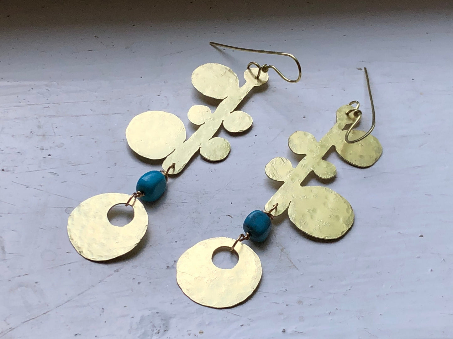 Handmade Turquoise Brass Earrings: Long Dangle Earrings