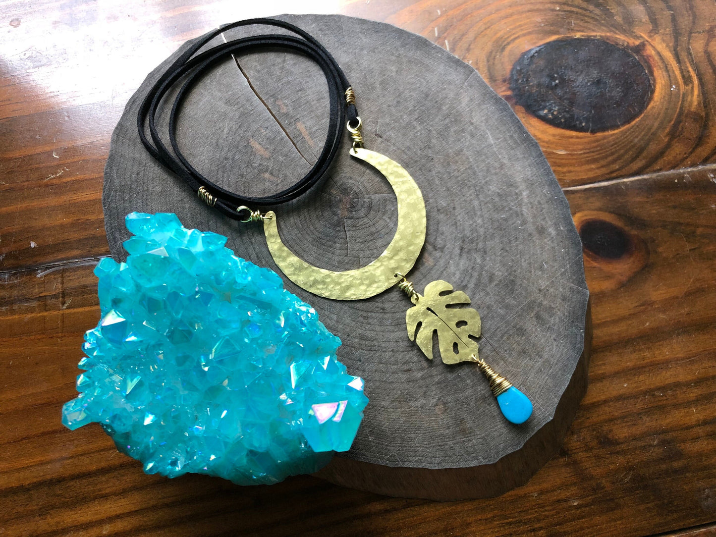Crescent Moon & Monstera Leaf Necklace: Handmade Celestial Garden Jewelry
