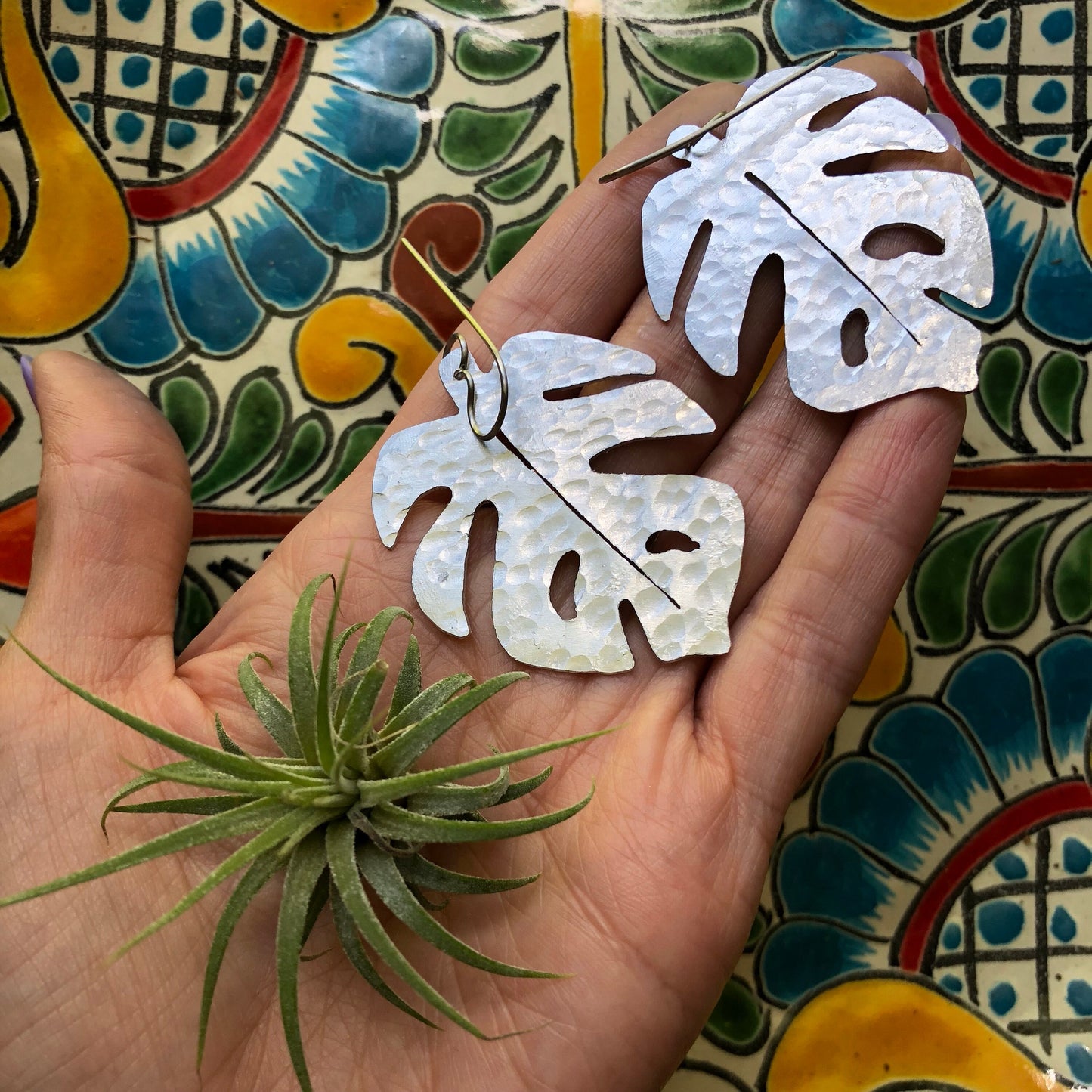 Handmade Monstera Leaf Dangle Earrings: Aluminum Tropical Jewelry