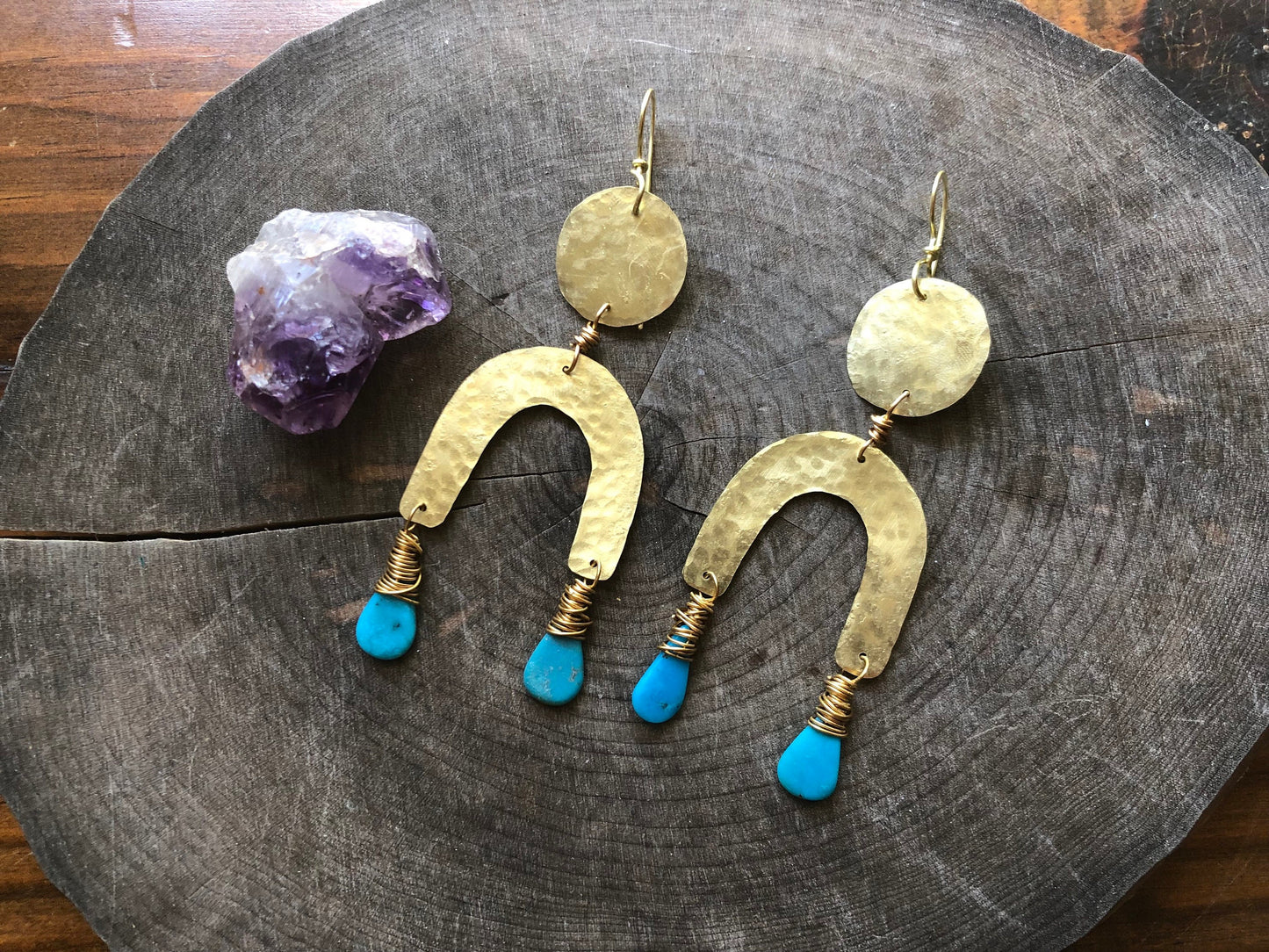 Turquoise & Brass Arc Earrings: Handmade Statement Jewelry