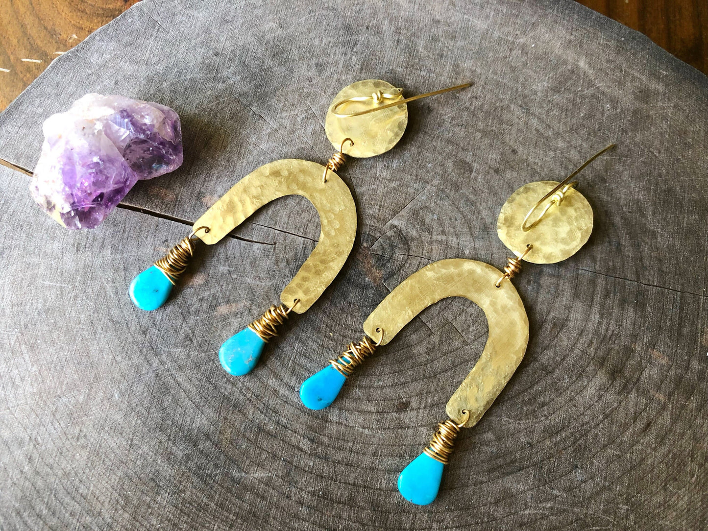 Turquoise & Brass Arc Earrings: Handmade Statement Jewelry