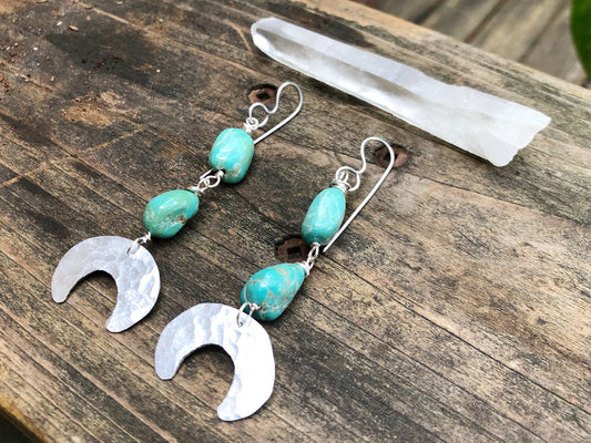 Handmade Turquoise Crescent Moon Earrings: Hammered Metal Luna Design