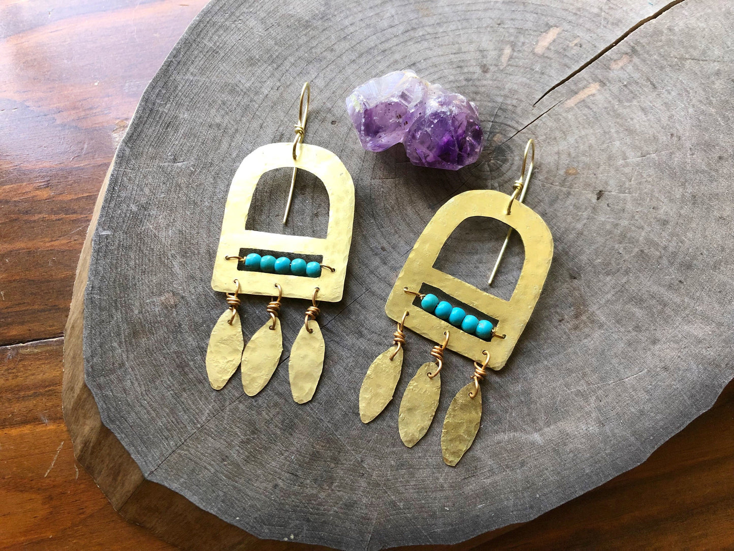 Handmade Genuine Turquoise & Brass Fringe Earrings