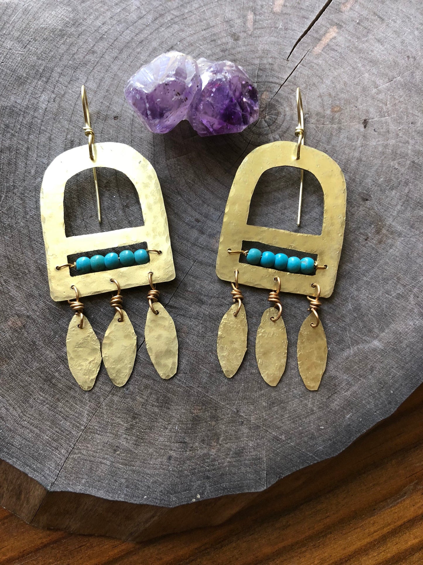 Handmade Genuine Turquoise & Brass Fringe Earrings