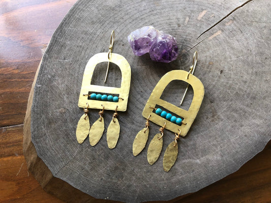 Handmade Genuine Turquoise & Brass Fringe Earrings