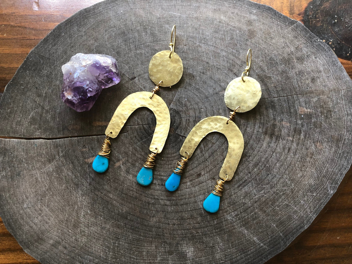 Turquoise & Brass Arc Earrings: Handmade Statement Jewelry