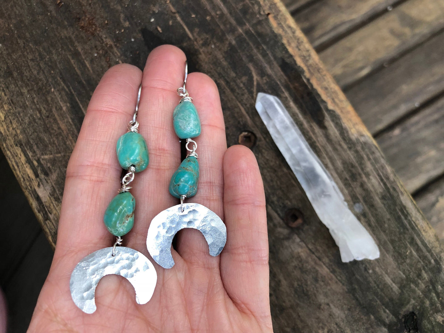 Handmade Turquoise Crescent Moon Earrings: Hammered Metal Luna Design