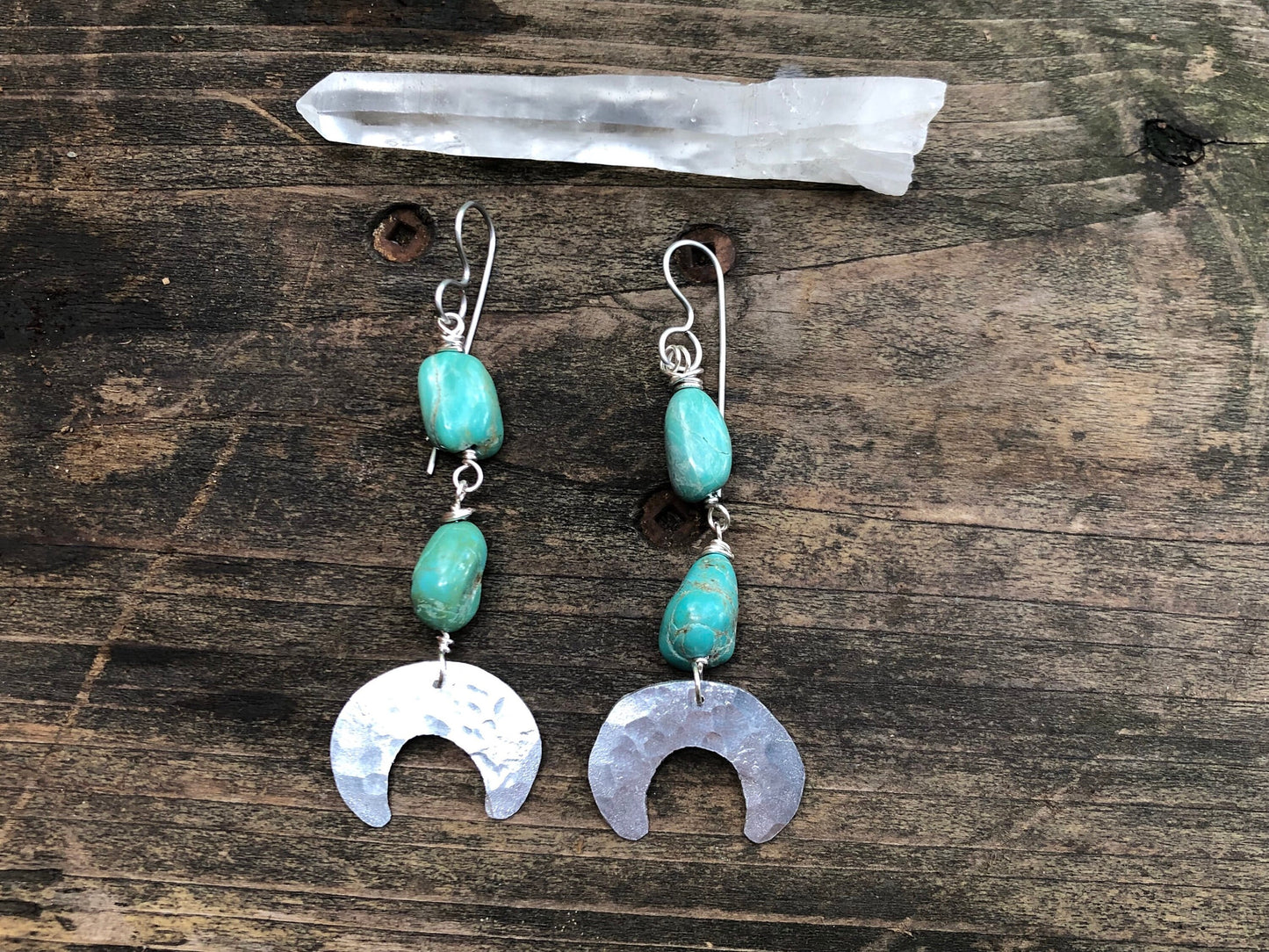 Handmade Turquoise Crescent Moon Earrings: Hammered Metal Luna Design